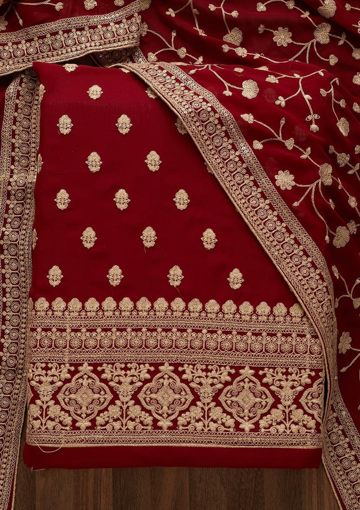 Maroon Threadwork Georgette  Unstitched Salwar Suit - Koskii