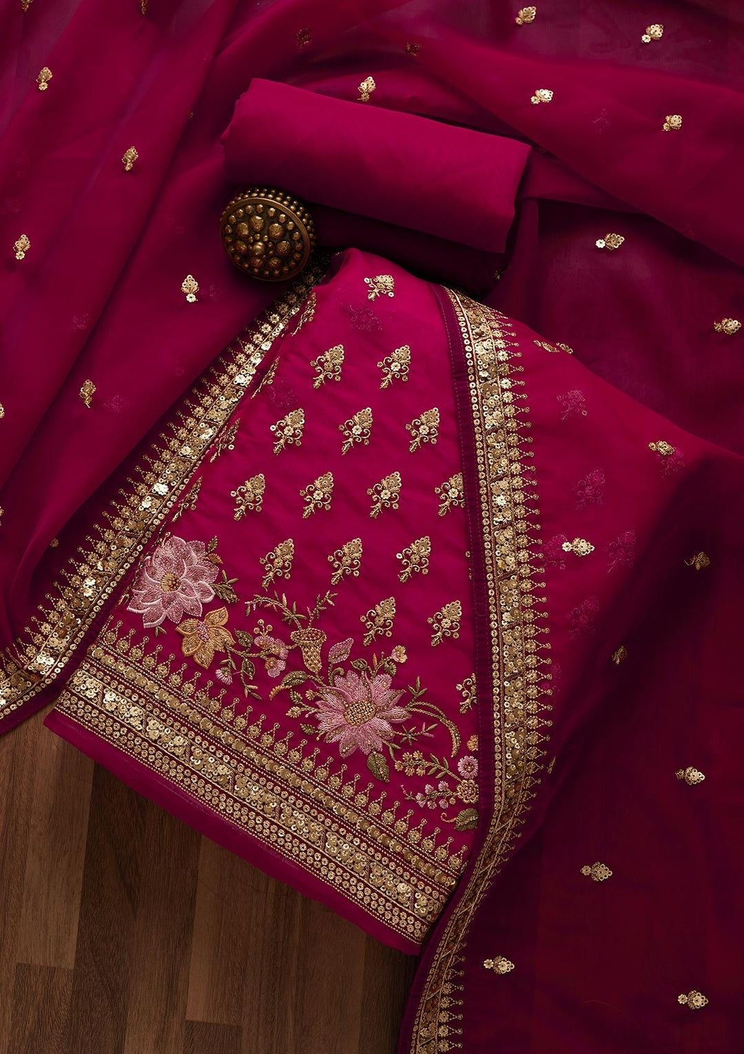 Maroon Threadwork Georgette Unstitched Salwar Suit-Koskii
