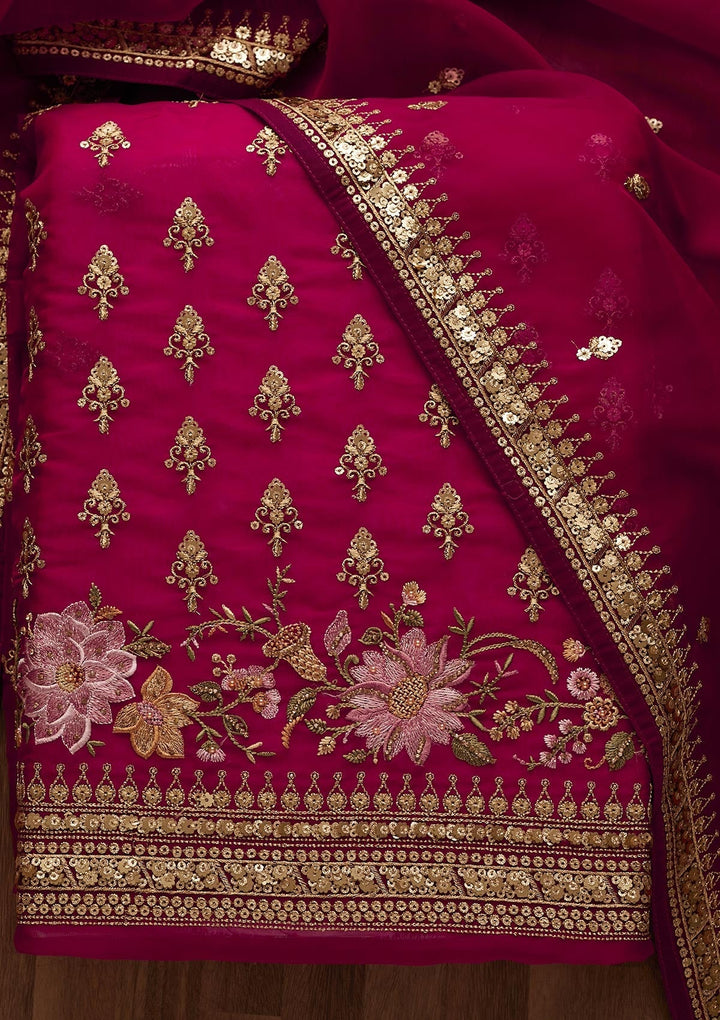 Maroon Threadwork Georgette Unstitched Salwar Suit-Koskii