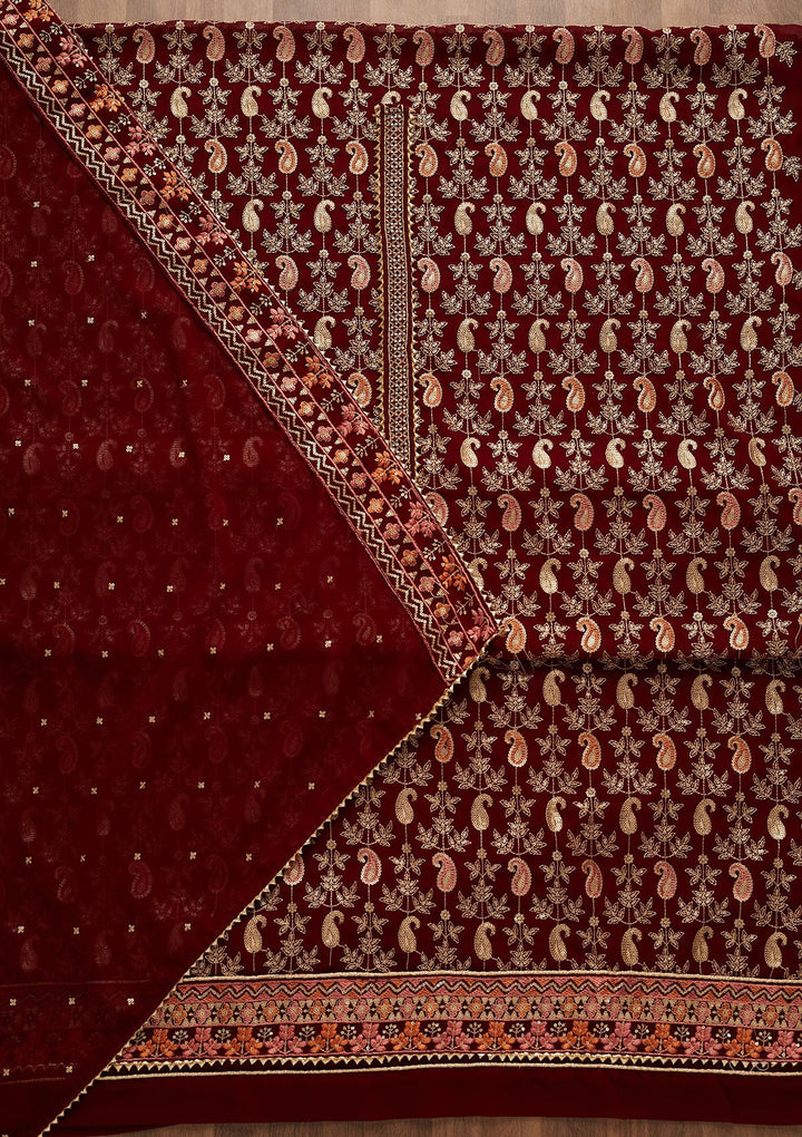 Maroon Threadwork Georgette Unstitched Salwar Suit-Koskii