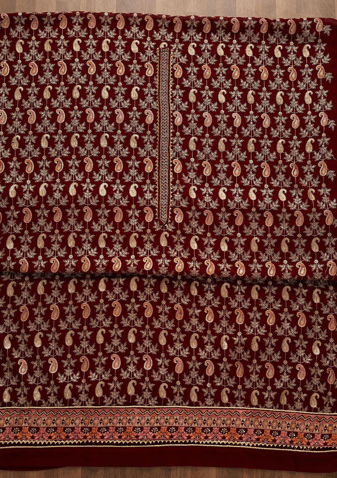 Maroon Threadwork Georgette Unstitched Salwar Suit-Koskii