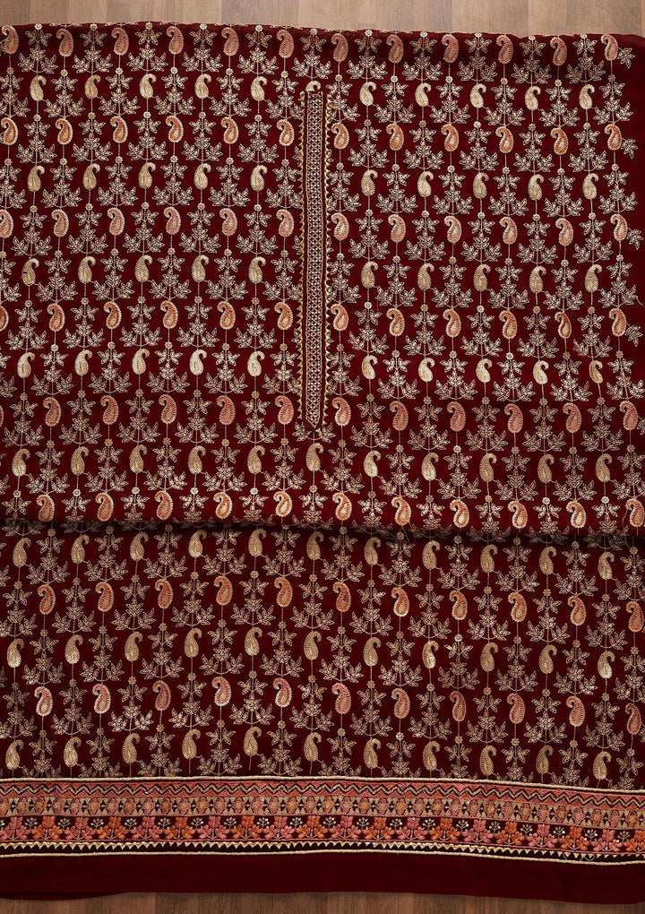 Maroon Threadwork Georgette Unstitched Salwar Suit-Koskii