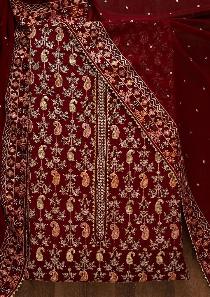 Maroon Threadwork Georgette Unstitched Salwar Suit-Koskii