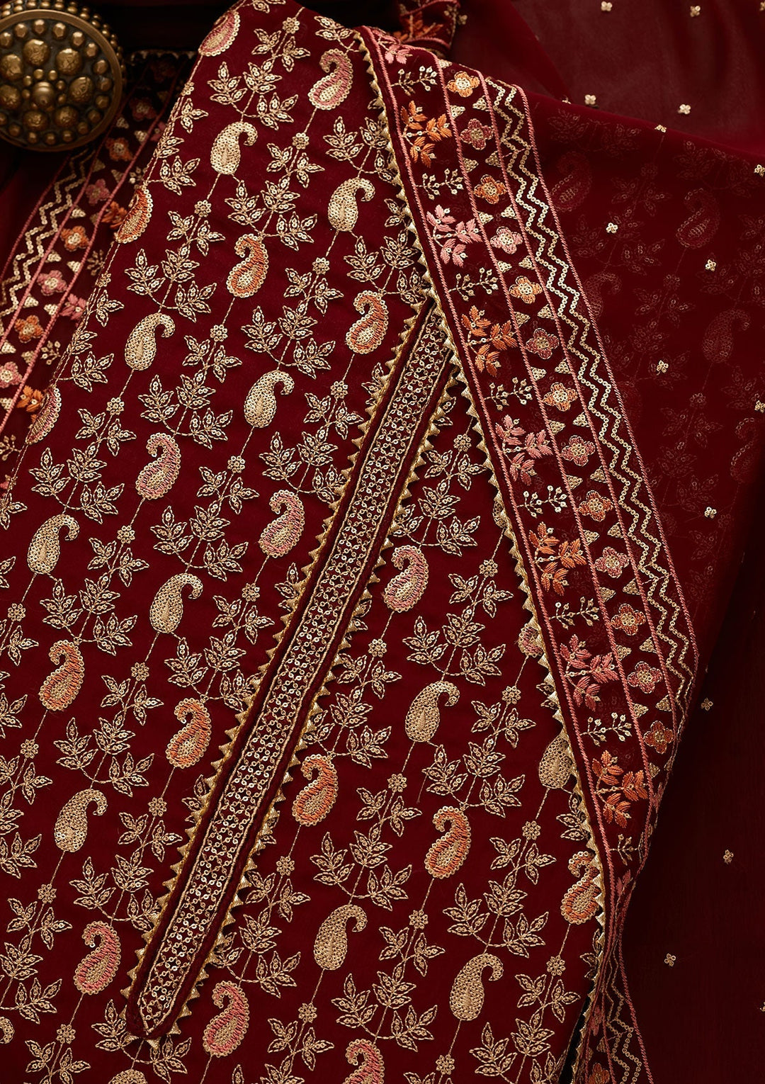 Maroon Threadwork Georgette Unstitched Salwar Suit-Koskii