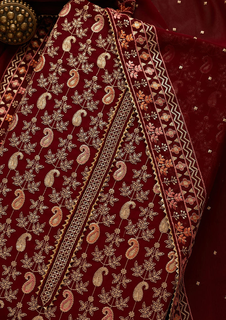 Maroon Threadwork Georgette Unstitched Salwar Suit-Koskii