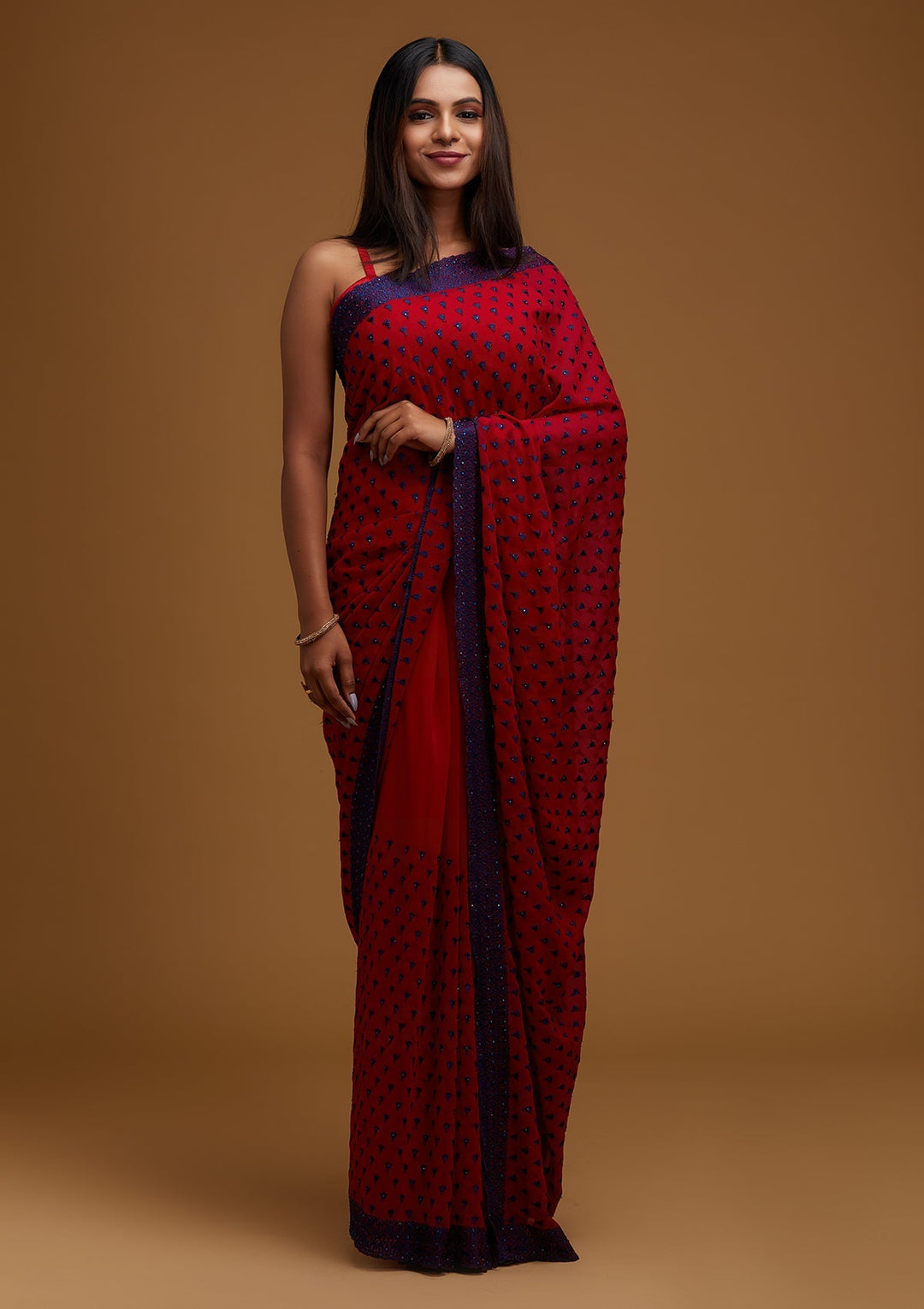 Maroon Threadwork Georgette Designer Saree - Koskii