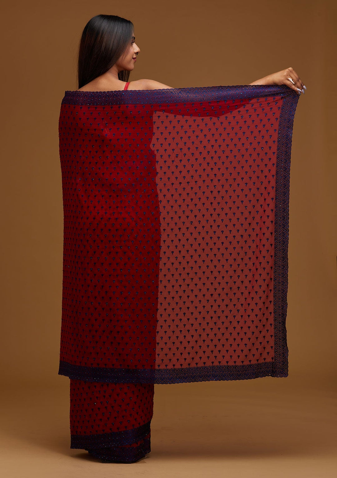 Maroon Threadwork Georgette Designer Saree - Koskii