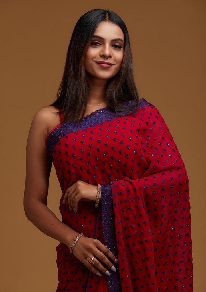 Maroon Threadwork Georgette Designer Saree - Koskii
