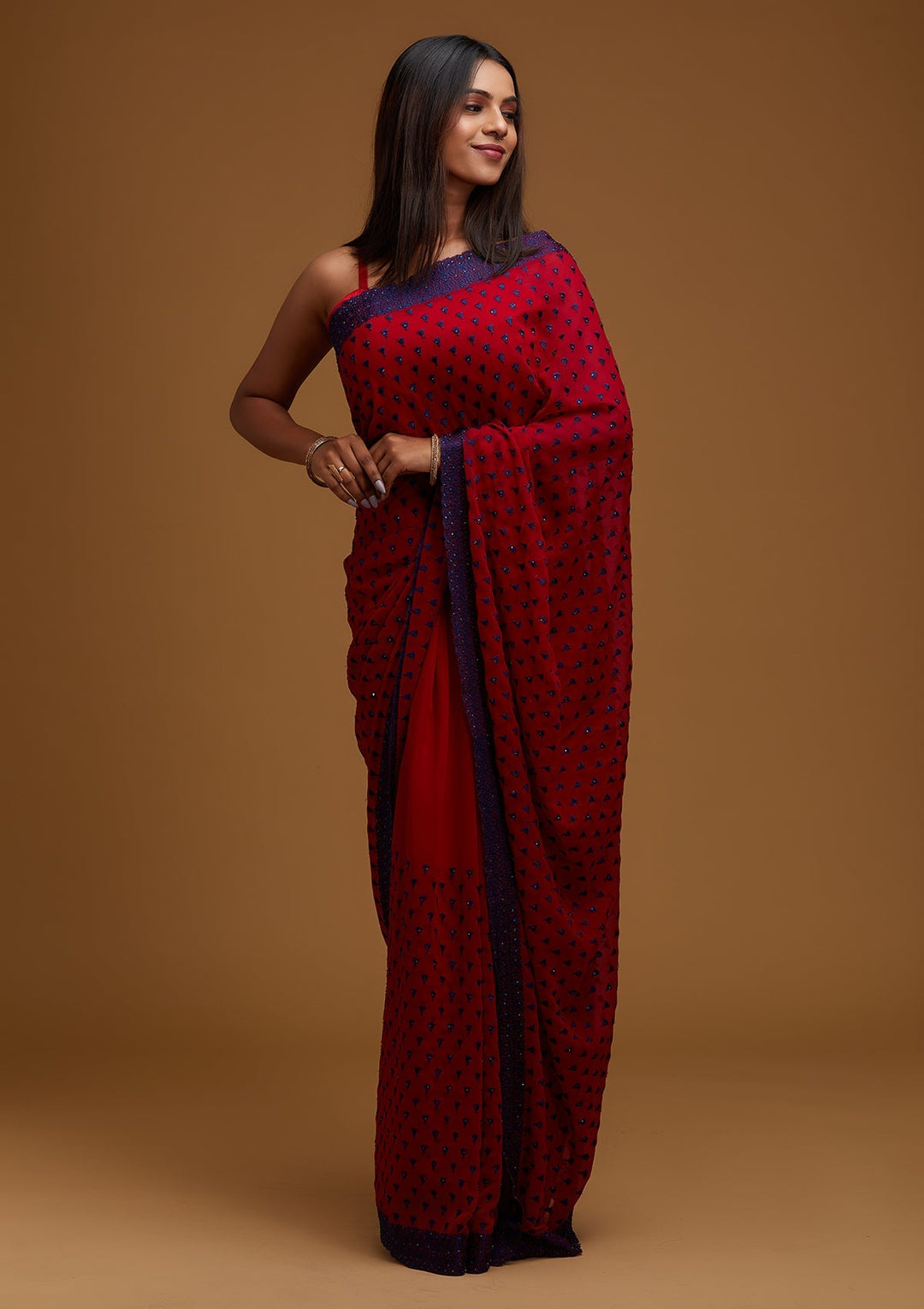 Maroon Threadwork Georgette Designer Saree - Koskii