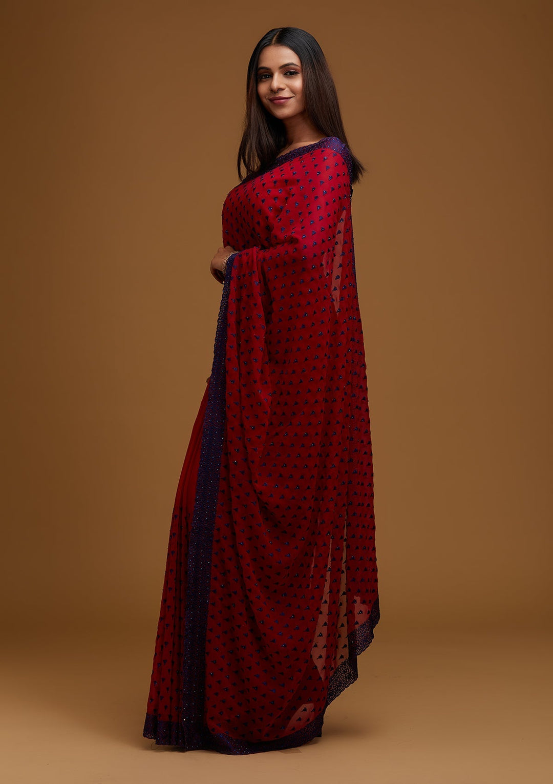 Maroon Threadwork Georgette Designer Saree - Koskii