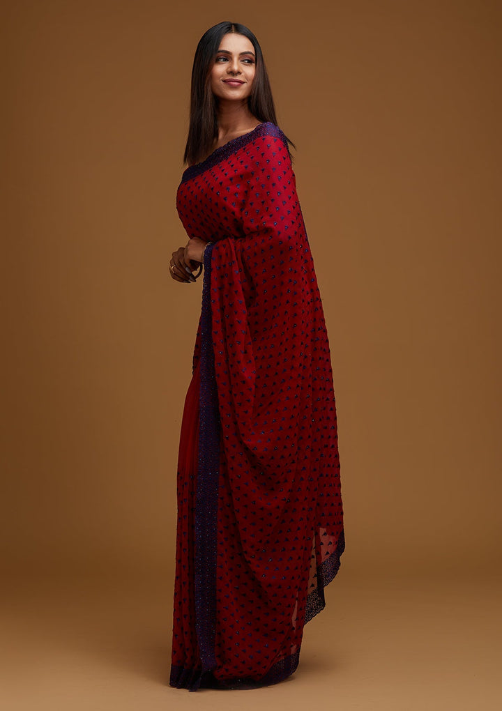 Maroon Threadwork Georgette Designer Saree - Koskii