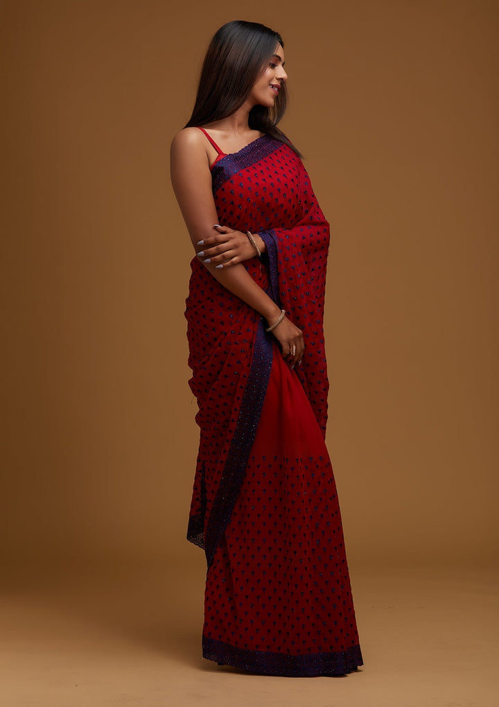 Maroon Threadwork Georgette Designer Saree - Koskii