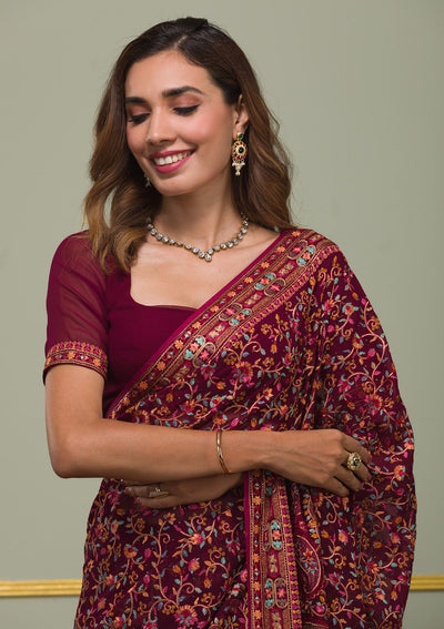 Maroon Threadwork Georgette Saree-Koskii
