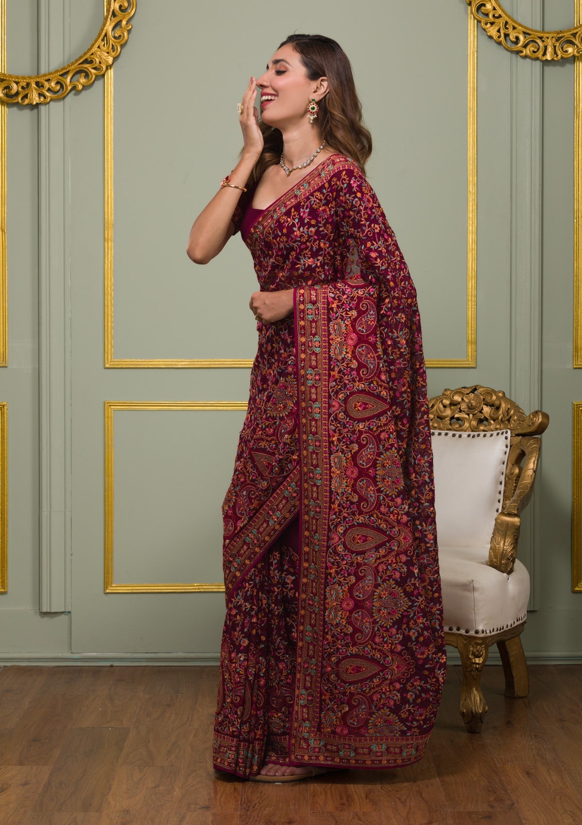 Maroon Threadwork Georgette Saree-Koskii