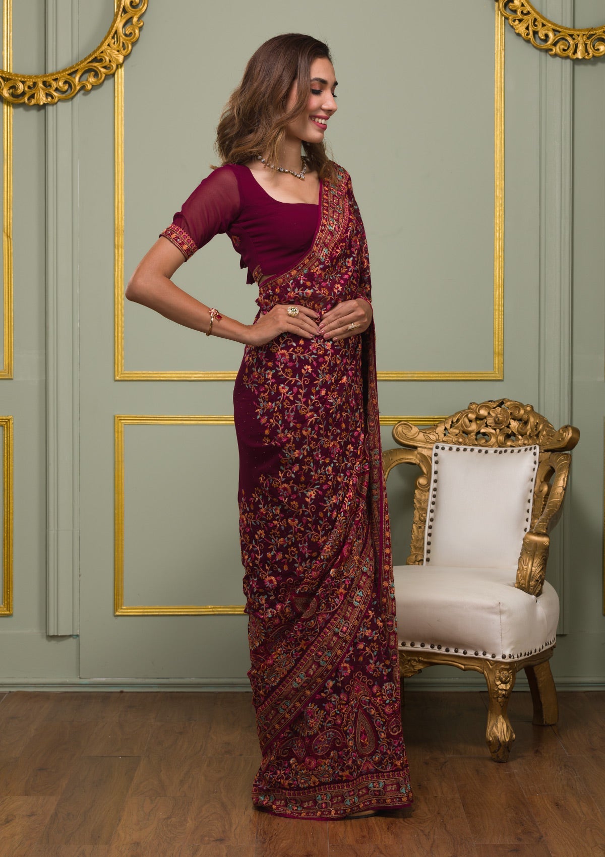 Maroon Threadwork Georgette Saree-Koskii