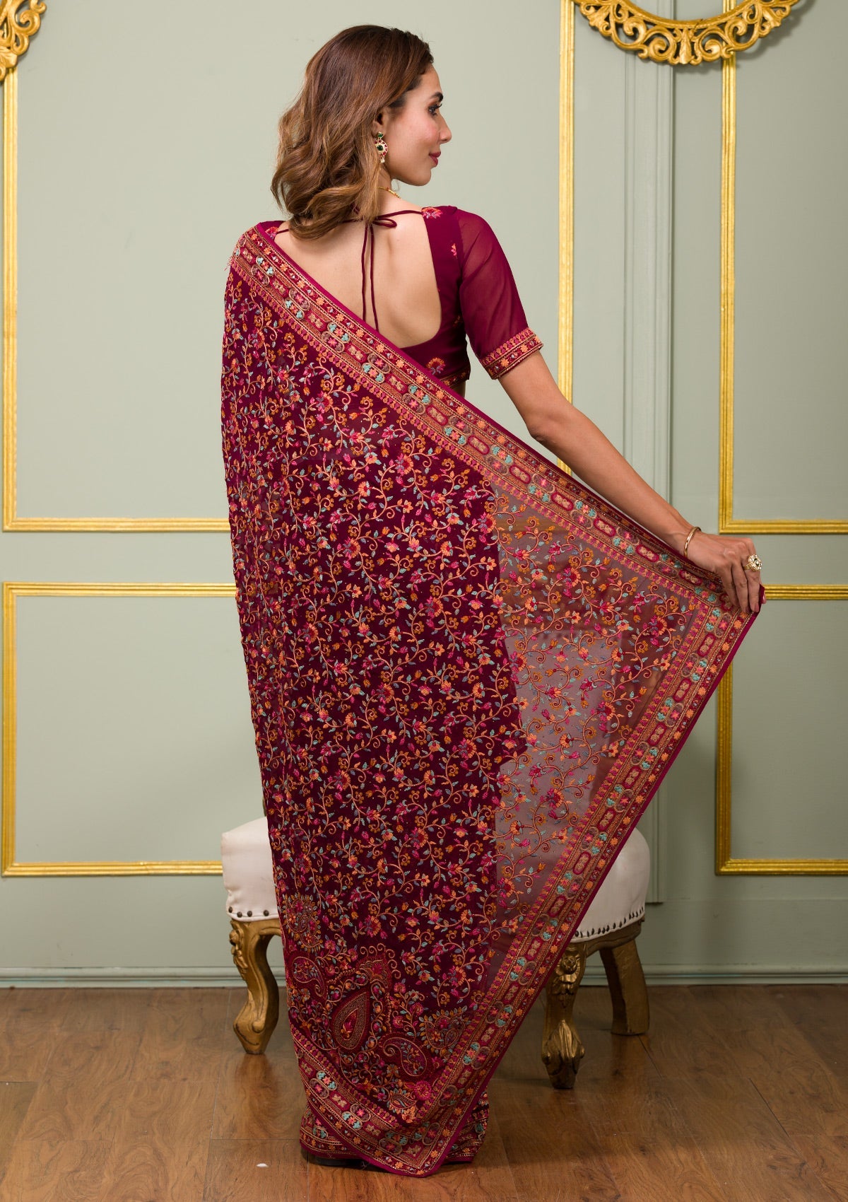 Maroon Threadwork Georgette Saree-Koskii