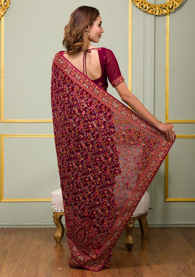 Maroon Threadwork Georgette Saree-Koskii