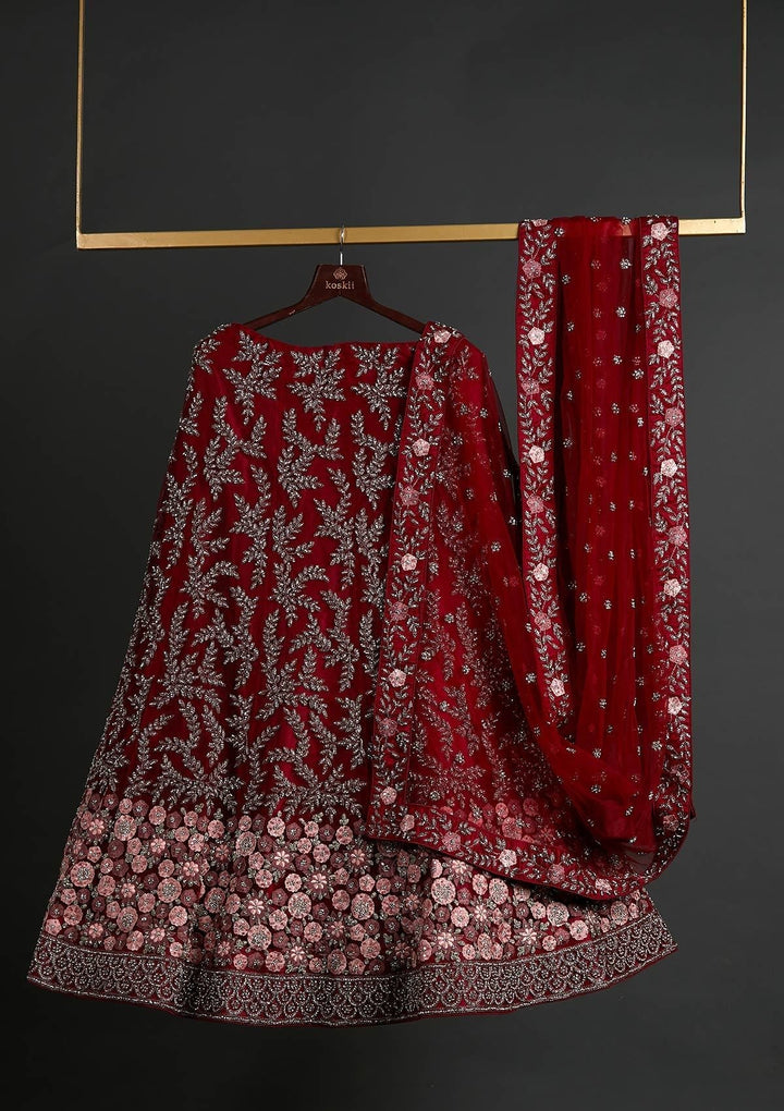 Maroon Threadwork Net Designer Semi-Stitched Lehenga - koskii