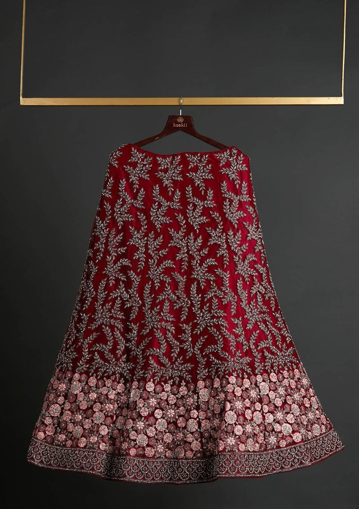 Maroon Threadwork Net Designer Semi-Stitched Lehenga - koskii