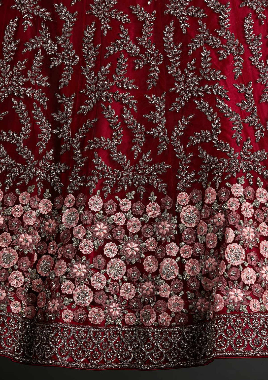 Maroon Threadwork Net Designer Semi-Stitched Lehenga - koskii