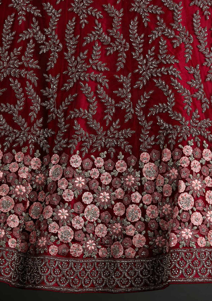 Maroon Threadwork Net Designer Semi-Stitched Lehenga - koskii