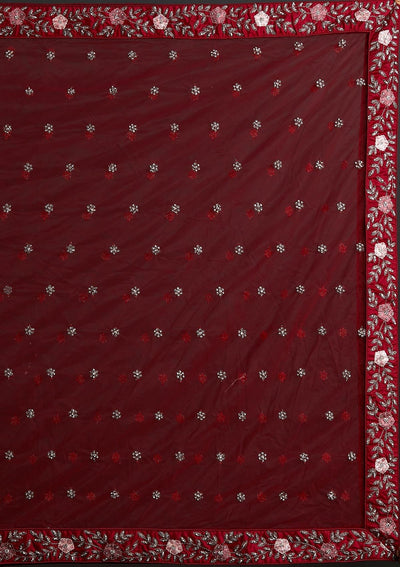Maroon Threadwork Net Designer Semi-Stitched Lehenga - koskii