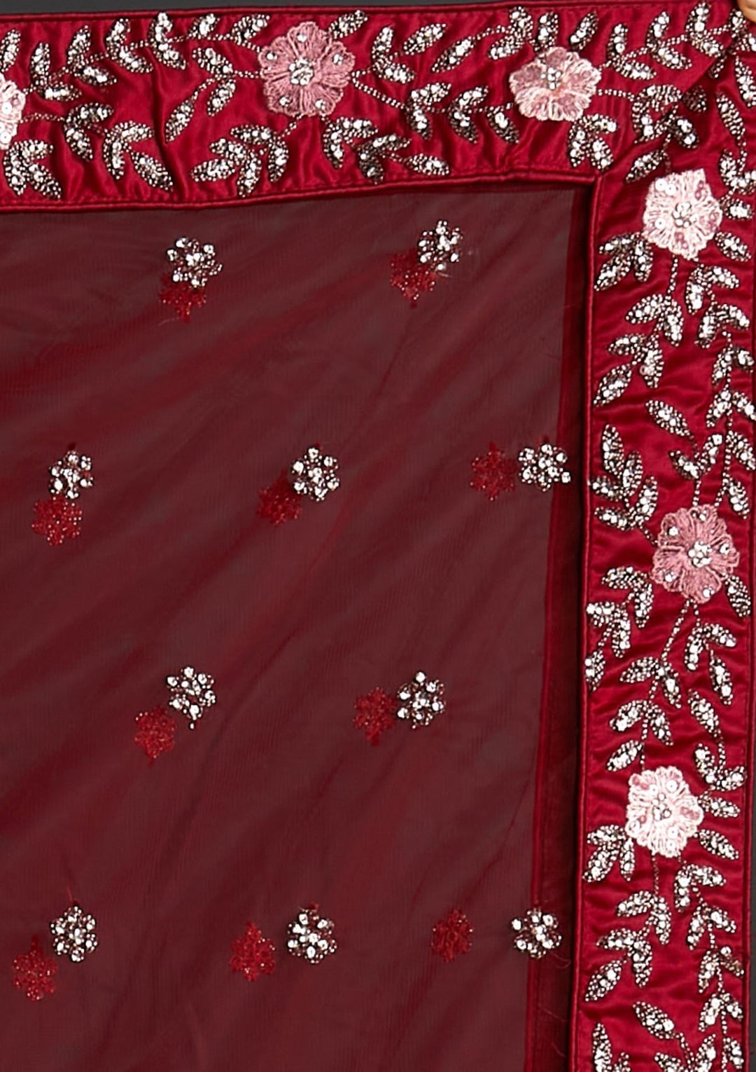 Maroon Threadwork Net Designer Semi-Stitched Lehenga - koskii