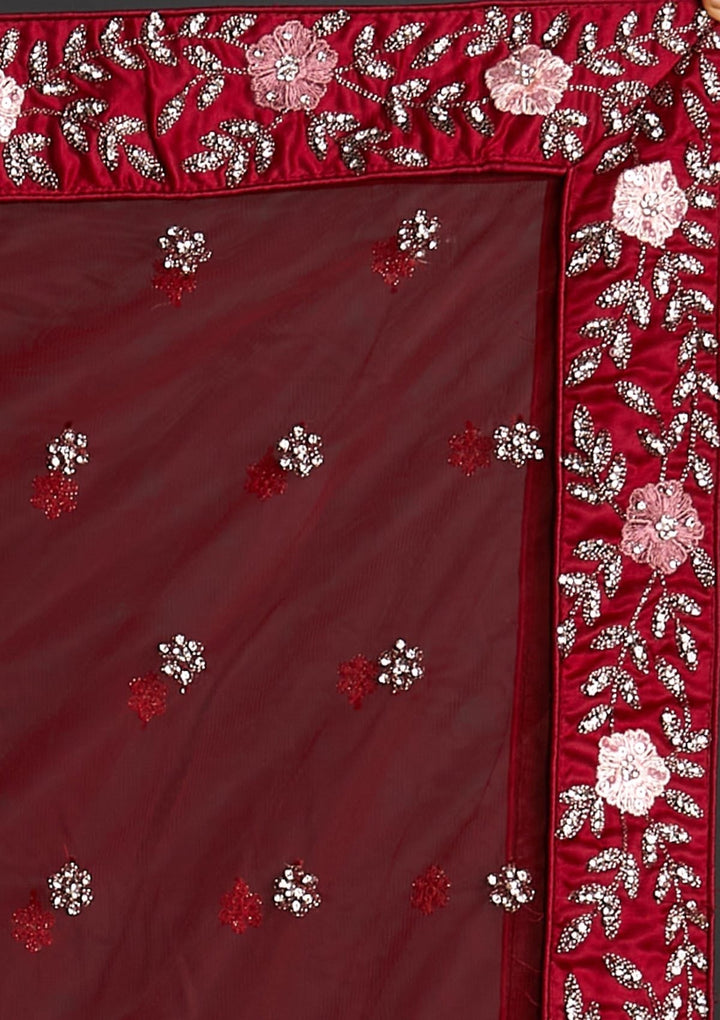 Maroon Threadwork Net Designer Semi-Stitched Lehenga - koskii