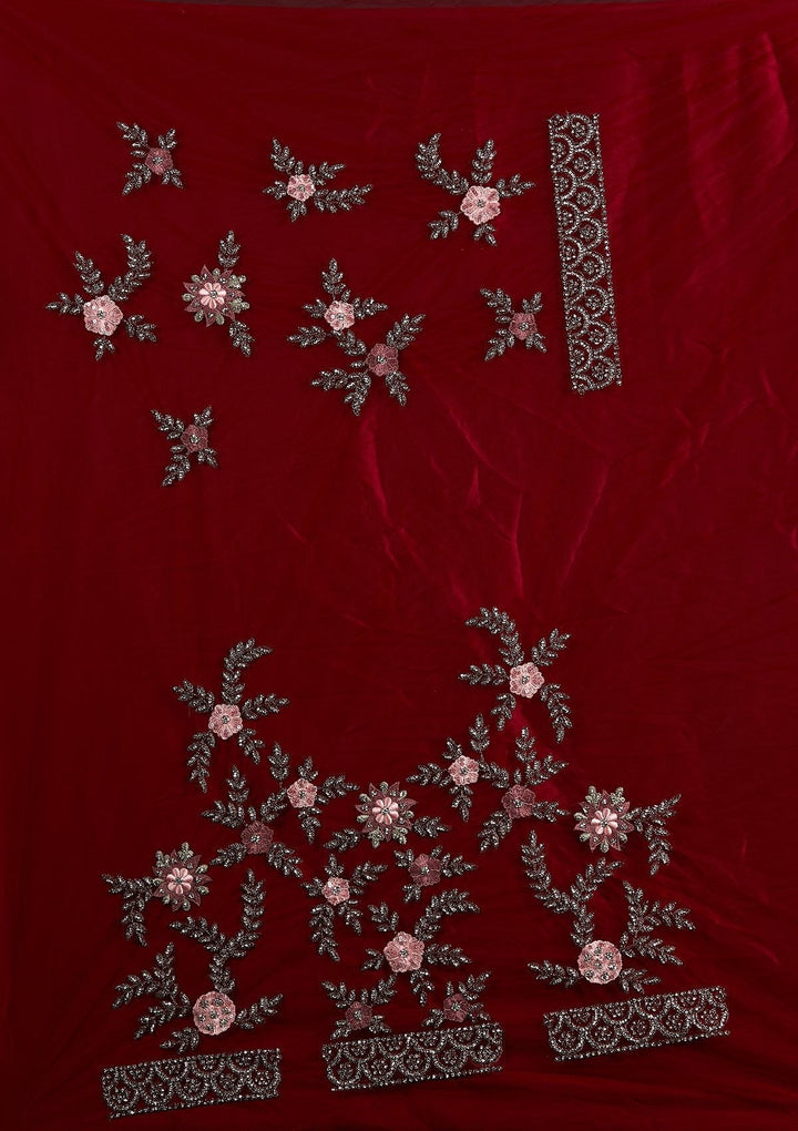 Maroon Threadwork Net Designer Semi-Stitched Lehenga - koskii