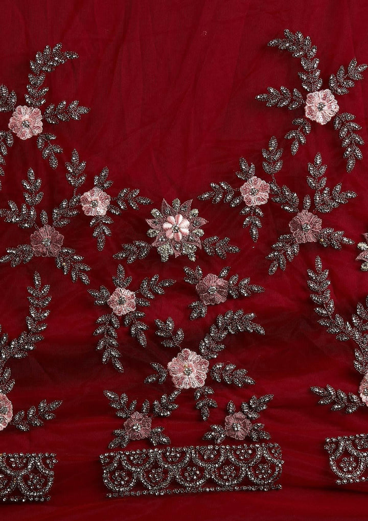 Maroon Threadwork Net Designer Semi-Stitched Lehenga - koskii