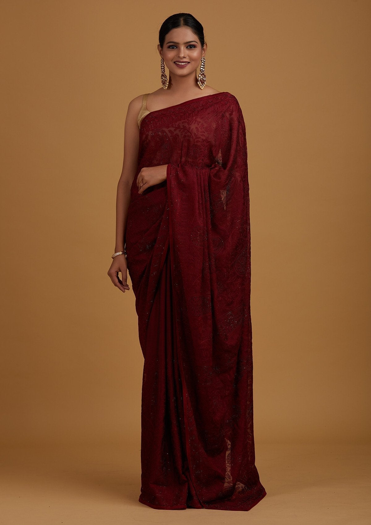 Maroon Threadwork Net Designer Saree - Koskii