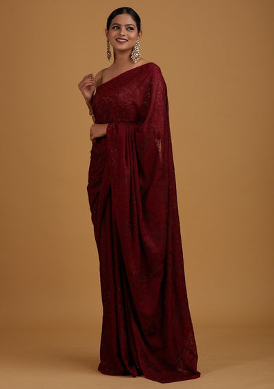 Maroon Threadwork Net Designer Saree - Koskii