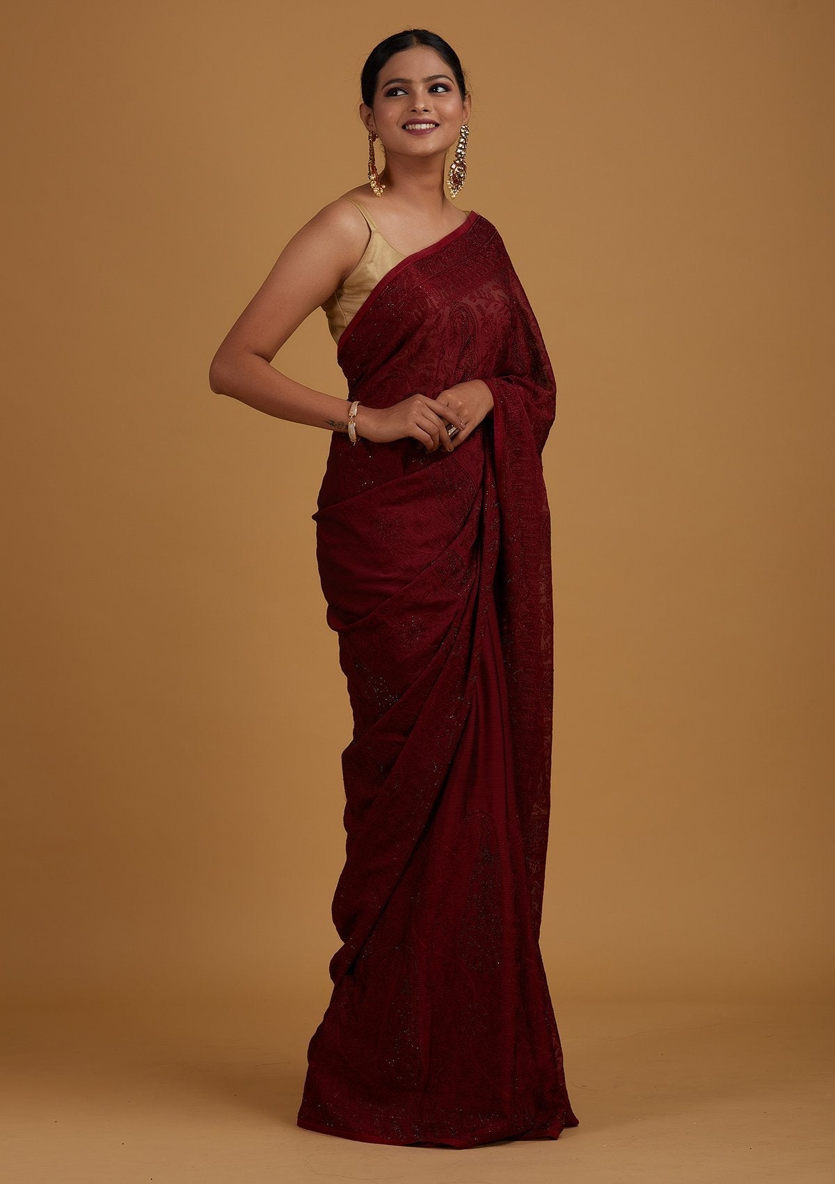 Maroon Threadwork Net Designer Saree - Koskii