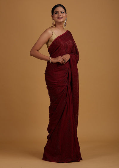 Maroon Threadwork Net Designer Saree - Koskii