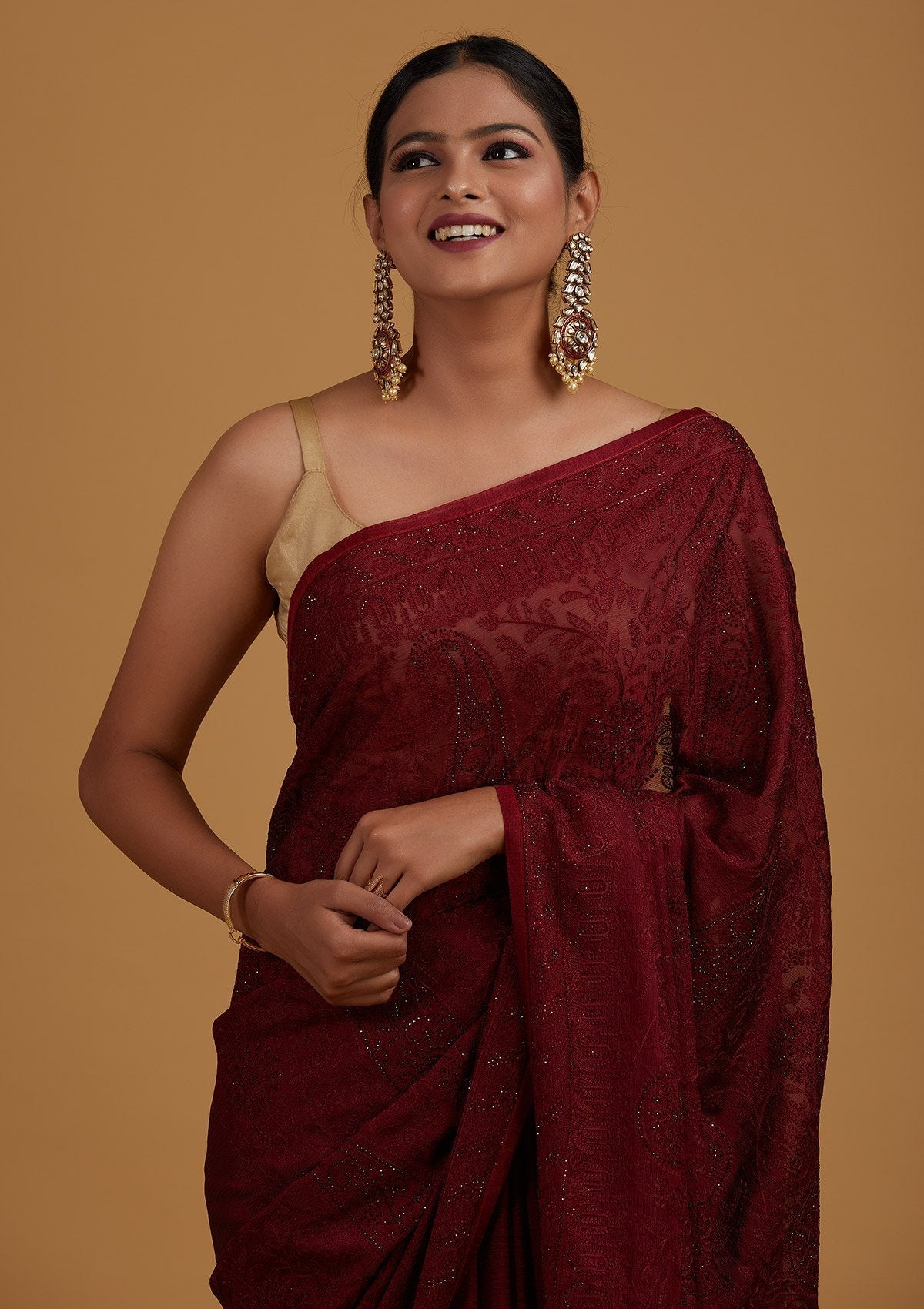 Maroon Threadwork Net Designer Saree - Koskii