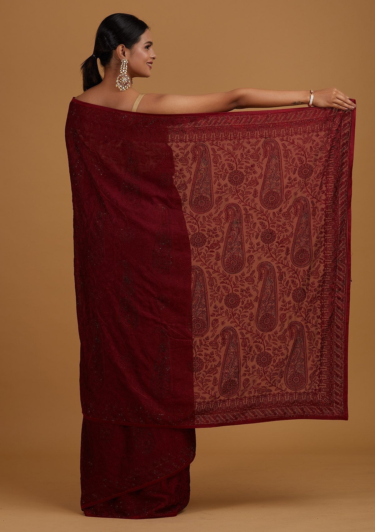 Maroon Threadwork Net Designer Saree - Koskii