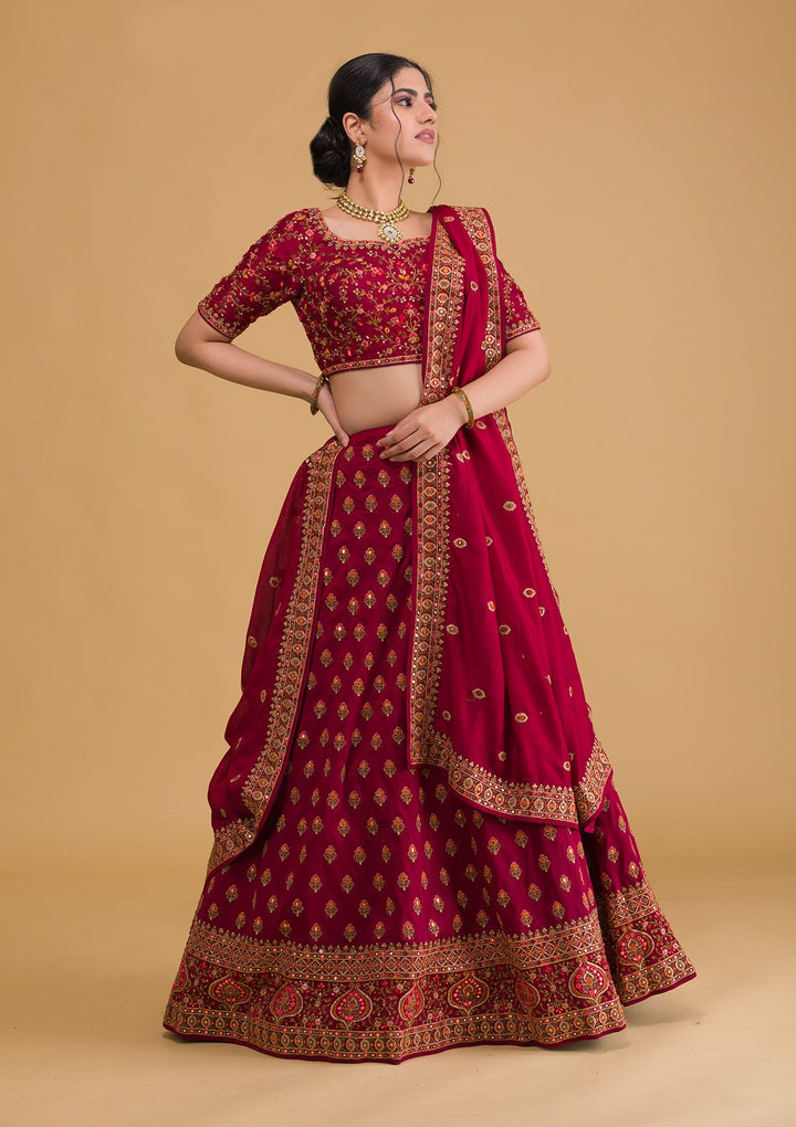 Maroon Threadwork Raw Silk Readymade Lehenga-Koskii