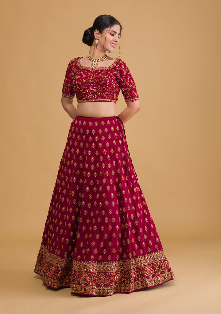 Maroon Threadwork Raw Silk Readymade Lehenga-Koskii