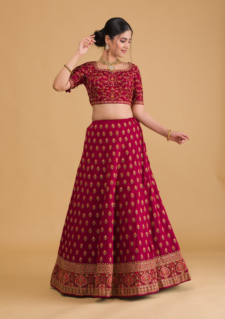 Maroon Threadwork Raw Silk Readymade Lehenga-Koskii