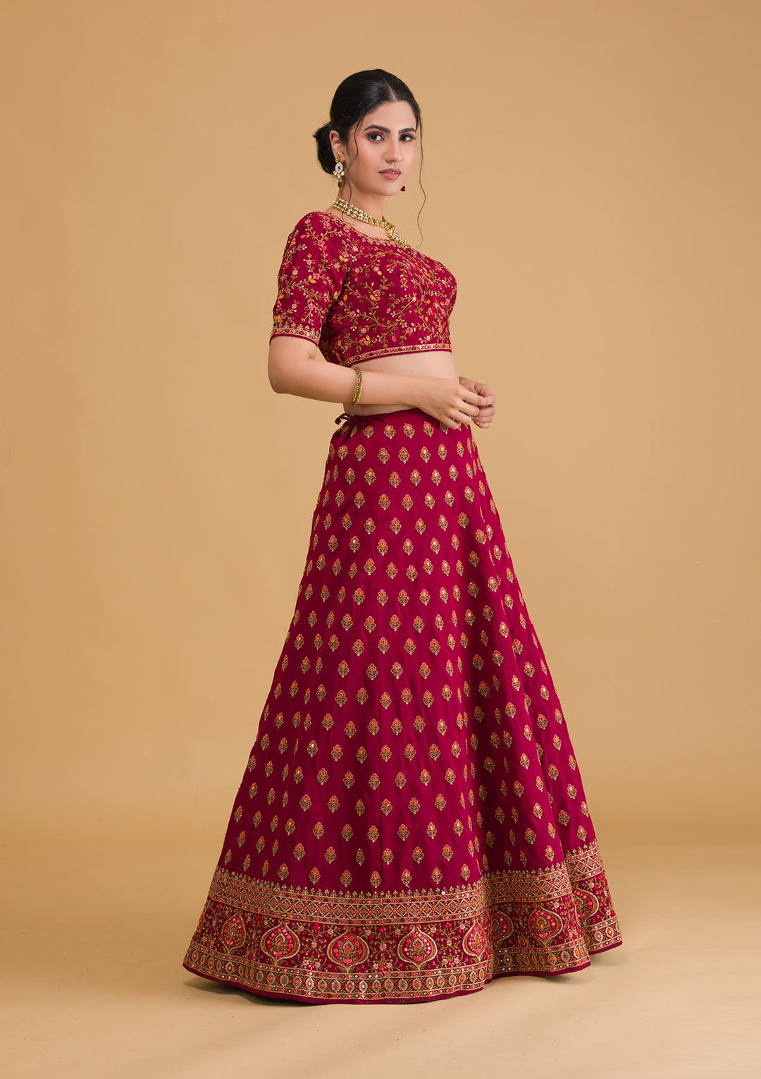 Maroon Threadwork Raw Silk Readymade Lehenga-Koskii