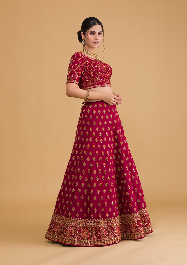Maroon Threadwork Raw Silk Readymade Lehenga-Koskii