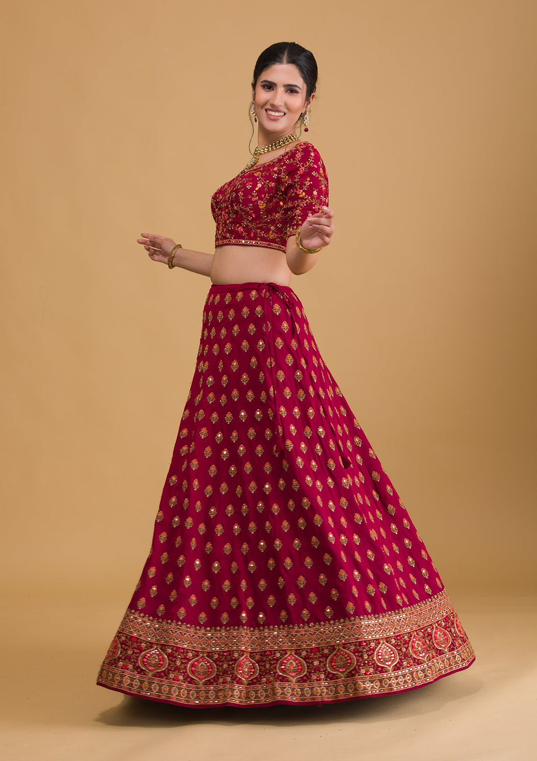 Maroon Threadwork Raw Silk Readymade Lehenga-Koskii
