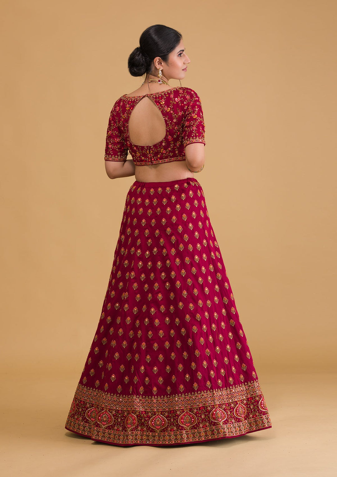 Maroon Threadwork Raw Silk Readymade Lehenga-Koskii