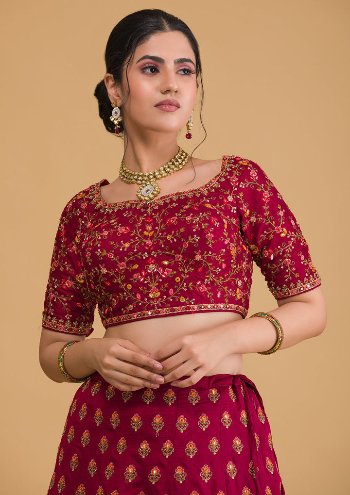 Maroon Threadwork Raw Silk Readymade Lehenga-Koskii