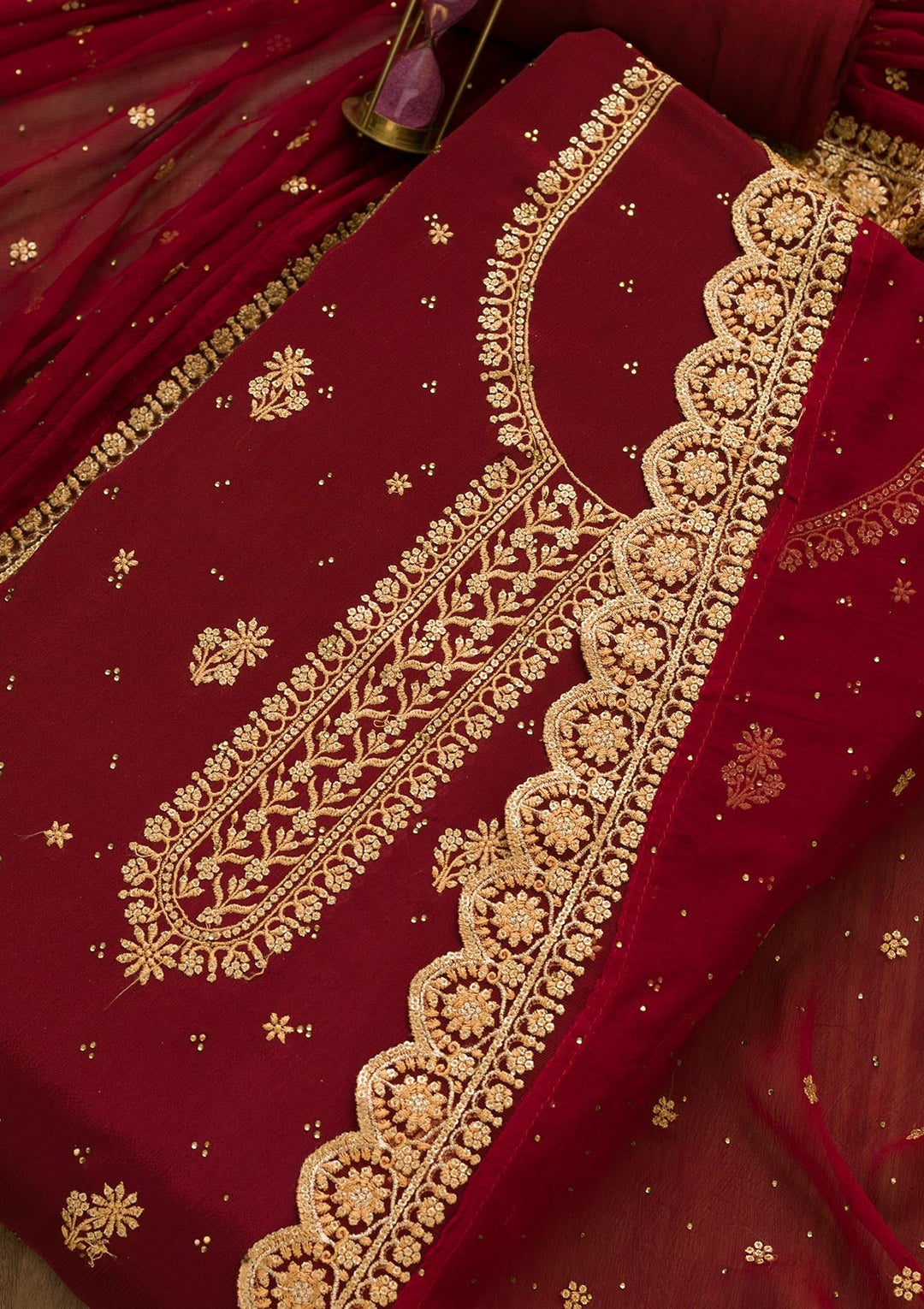 Maroon Threadwork Semi Crepe Unstitched Salwar Kameez-Koskii
