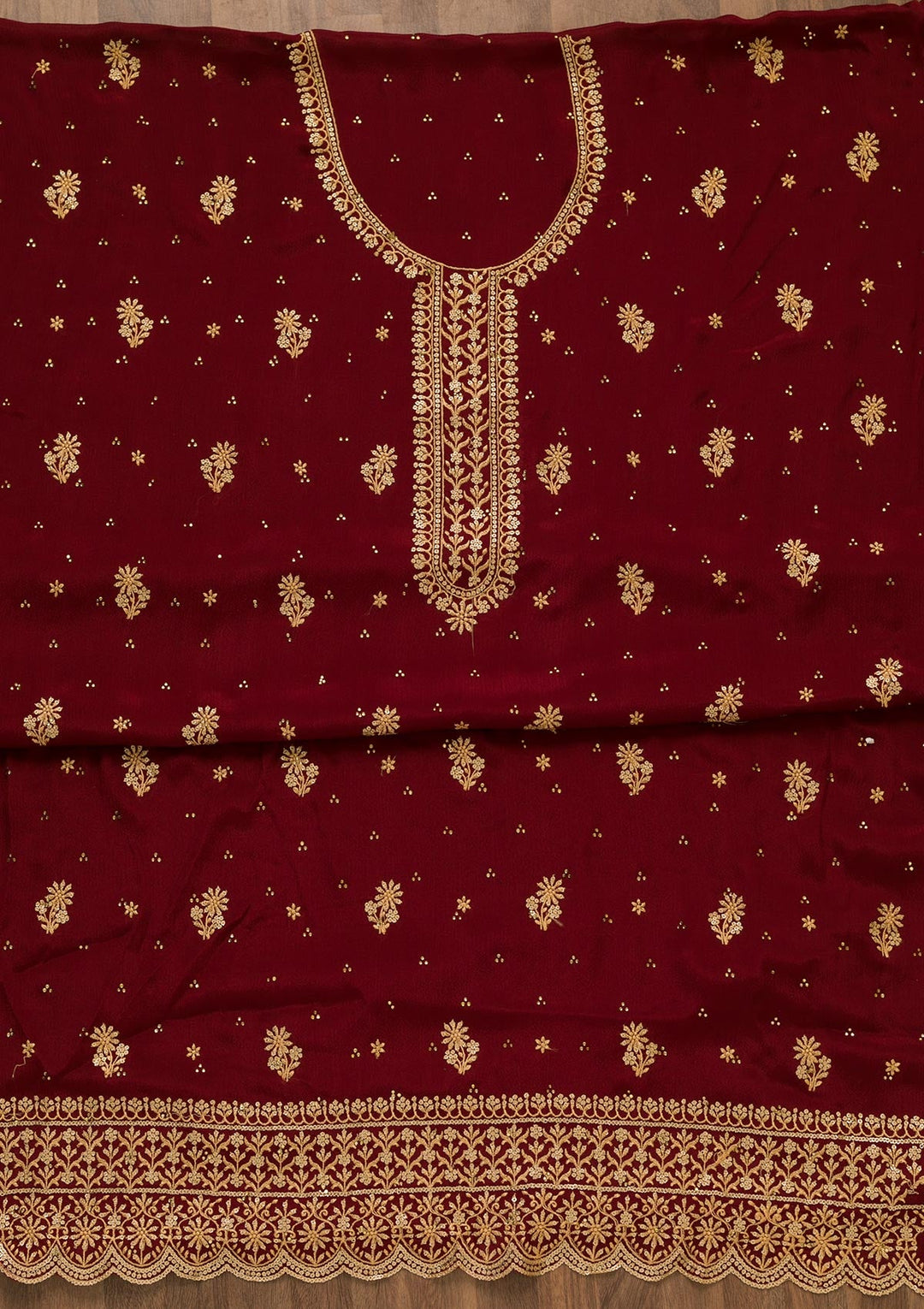 Maroon Threadwork Semi Crepe Unstitched Salwar Kameez-Koskii