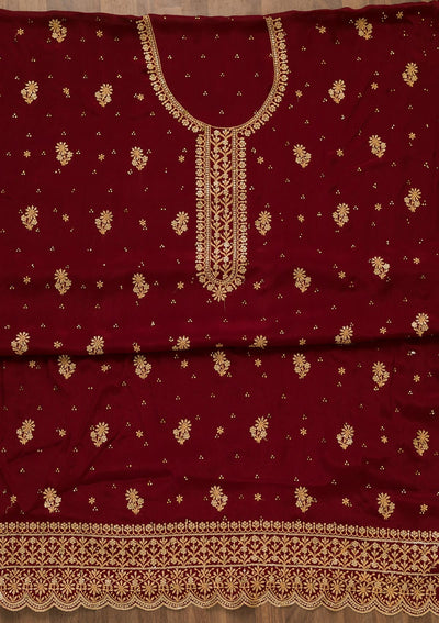 Maroon Threadwork Semi Crepe Unstitched Salwar Kameez-Koskii