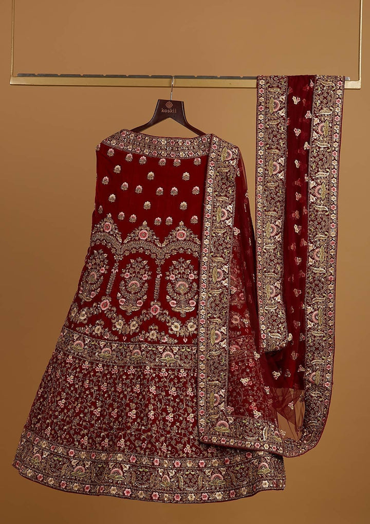 Maroon Threadwork Velvet Designer Semi-Stitched Lehenga - koskii