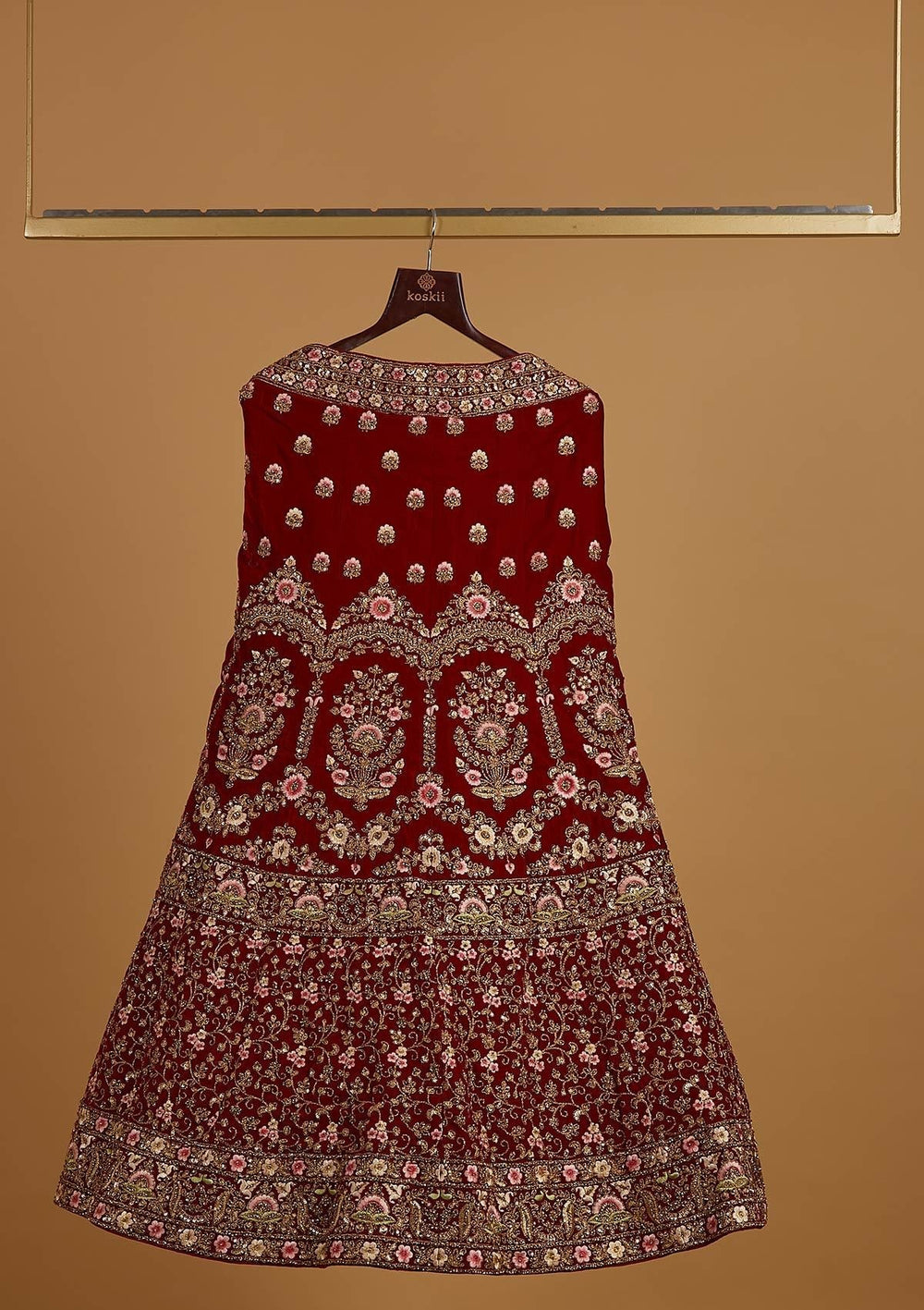 Maroon Threadwork Velvet Designer Semi-Stitched Lehenga - koskii