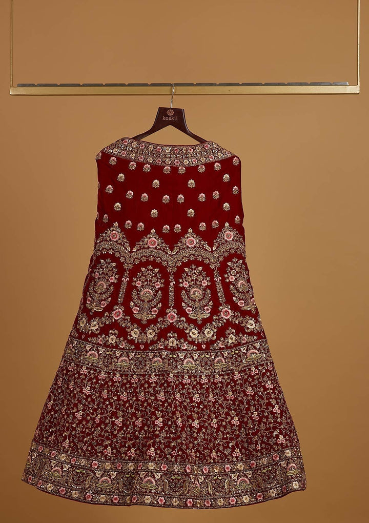 Maroon Threadwork Velvet Designer Semi-Stitched Lehenga - koskii